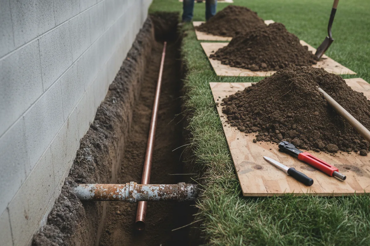 Excavated water line trench during Water Softener Installation in Hillsborough